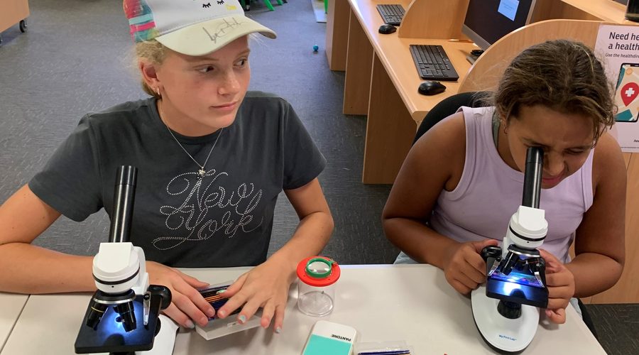 Two young people using microscopes in a regional library